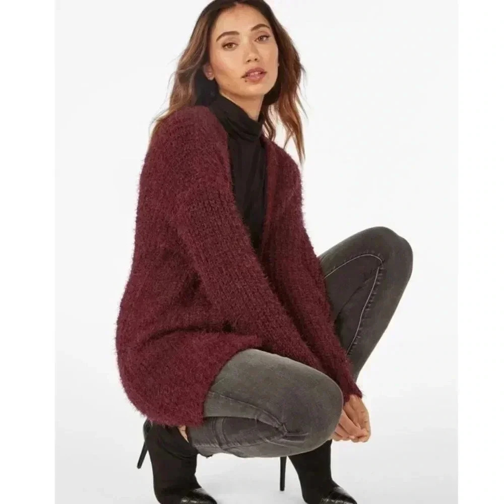 JustFab Fuzzy Wine Open Cardigan NWT - Picture 2 of 10